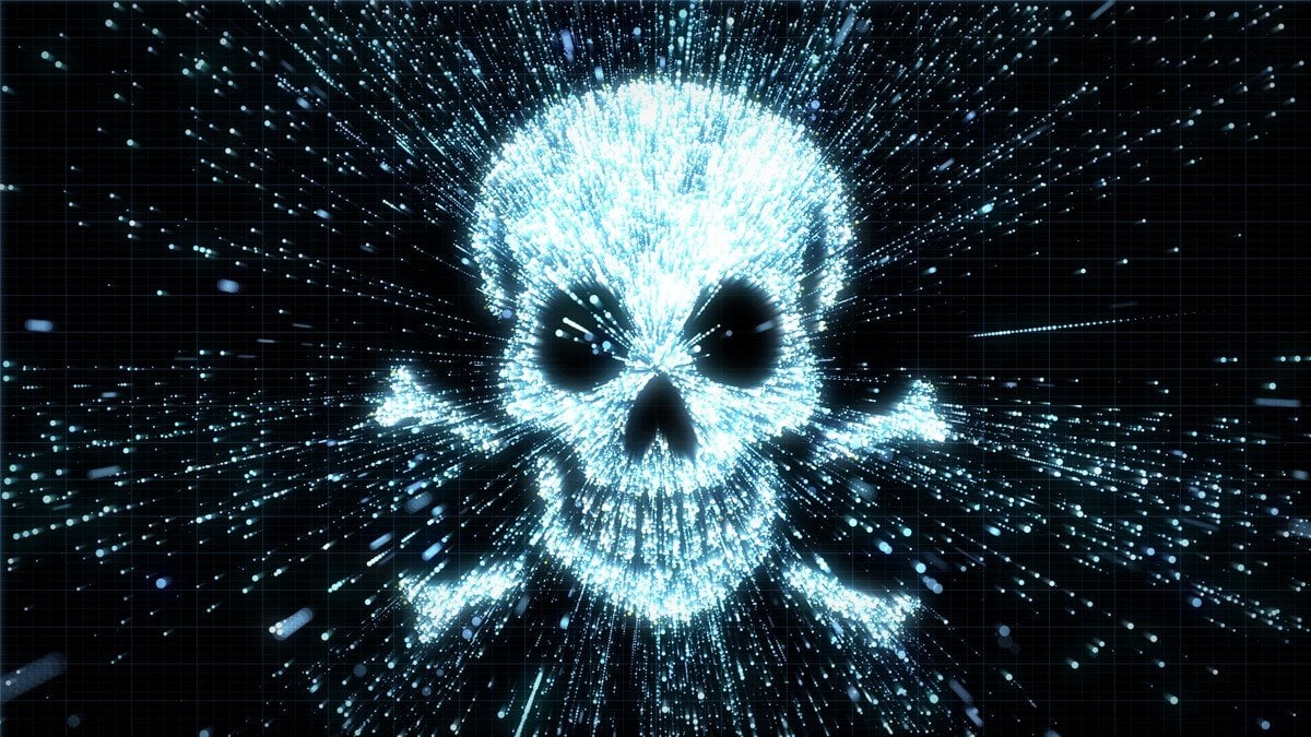 A pixellated blue skull in a digital background indicating digital piracy.